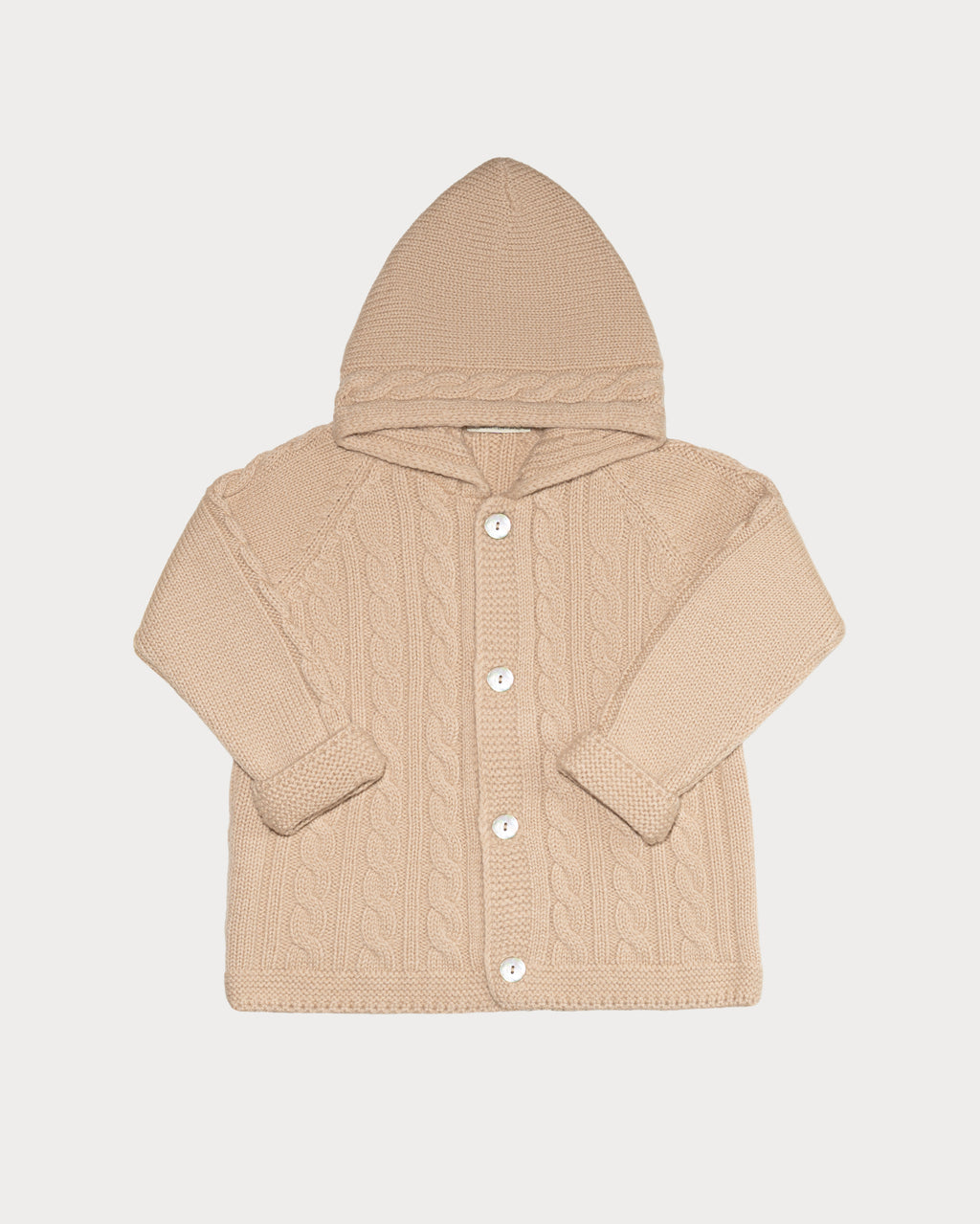Children's hooded cardigan with braids in pure ultrafine merino wool