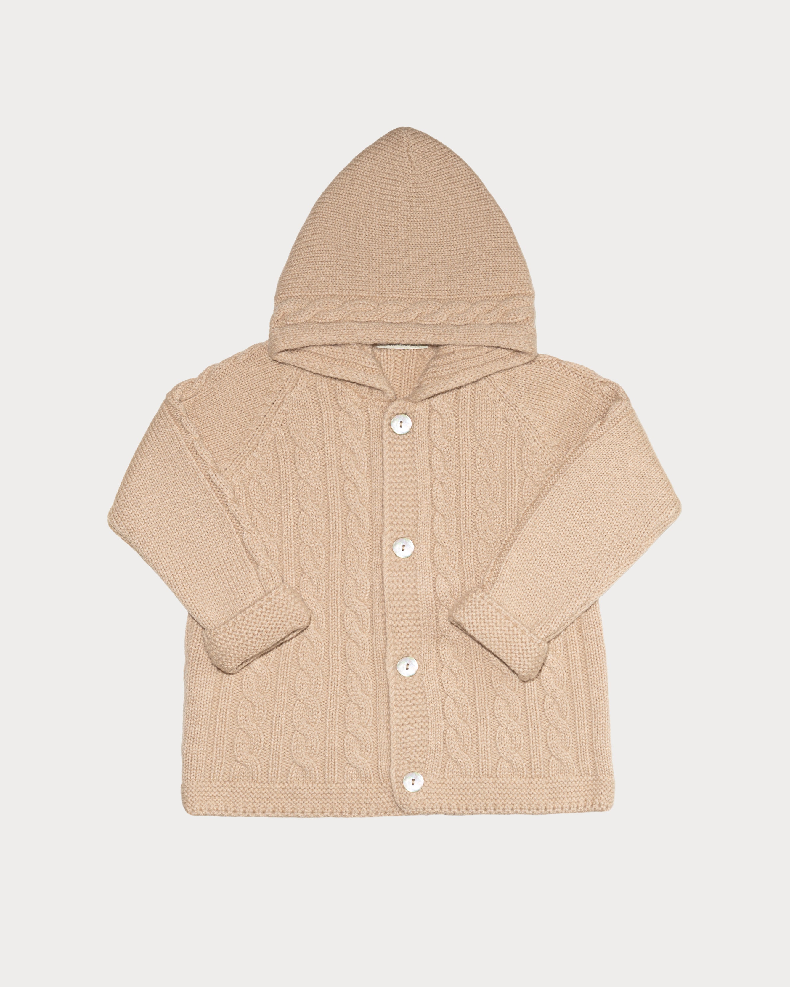 Children's hooded cardigan with braids in pure ultrafine merino wool